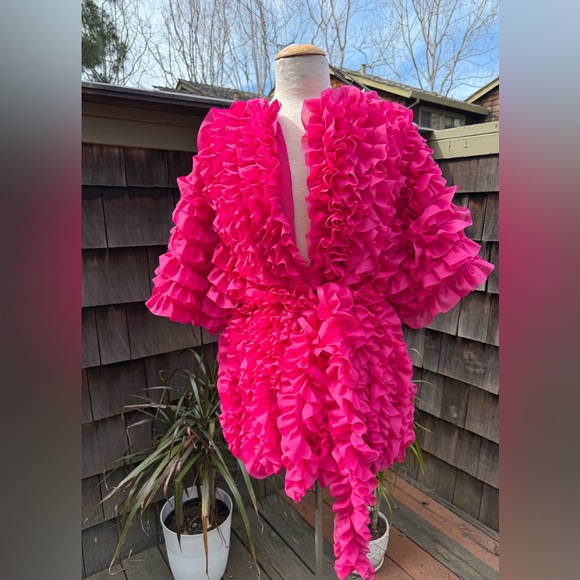 Zara Jackets & Blazers - ZARA fuchsia pink ruffled knit coat jacket voluminous with tie Sz M.